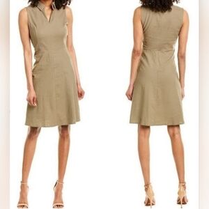 T Tahari Linen Blend A - Line Collared Sleeveless Midi Dress Tan/ Olive Size .